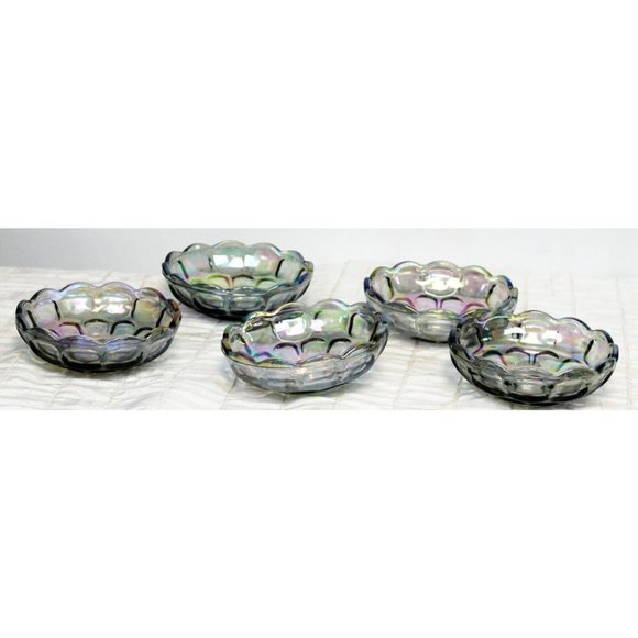 5 Bowls Indiana Carnival Blue Glass Snack/Dessert Scallop Thumbprint Iridescent - Picture 4 of 7